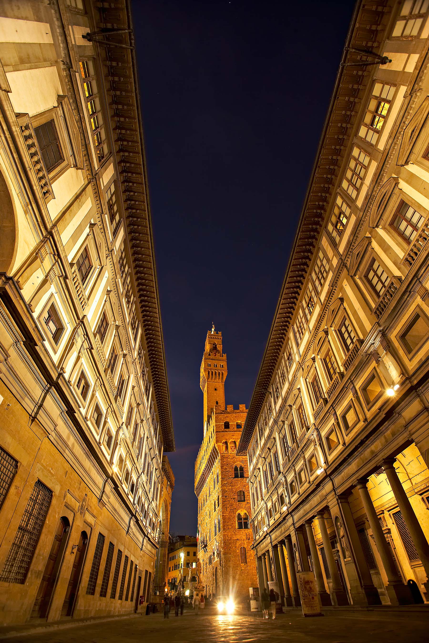 Florence, Italy - Palazzo Vechio at dusk framed by the Ufizzi Gallery